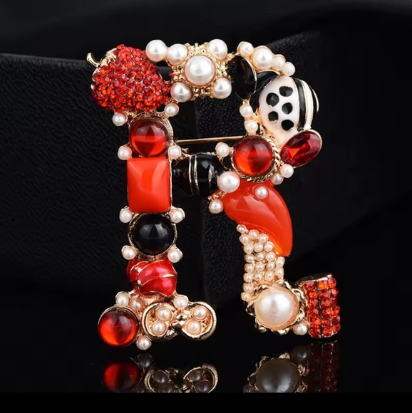 Coming Soon Letter R Elegant Red and Gold Brooch with Pearls - Picture 1 of 1